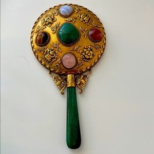 Vintage Jade chinese Handheld Mirror with Gemstone Accents .